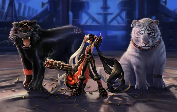Girl, weapons, tigers, machine gun, Blade & Soul