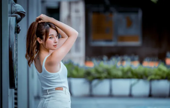 Picture girl, pose, hair, hands, Asian, bokeh