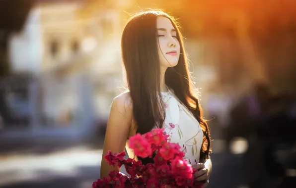 Girl, flowers, Asian