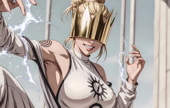 Chest, girl, smile, lightning, anime, crown, tattoo, anime