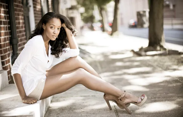 Picture Mulatto, street, heels, city, girl, white dress, model, bokeh