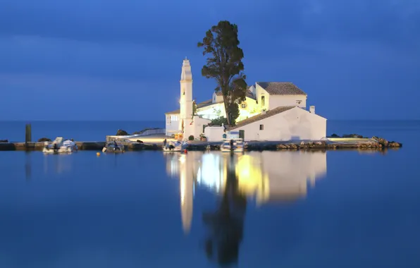 Light, reflection, tree, Greece, mirror, The Ionian sea, motor boat, Corfu