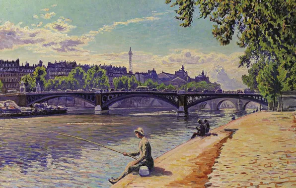 Bridge, river, picture, the urban landscape, Gustave Cariot, Gustave Cairo, Fisherwoman