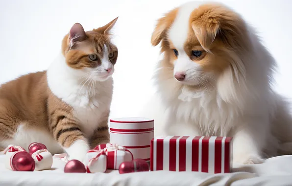 Cat, cat, look, balls, together, dog, Christmas, gifts