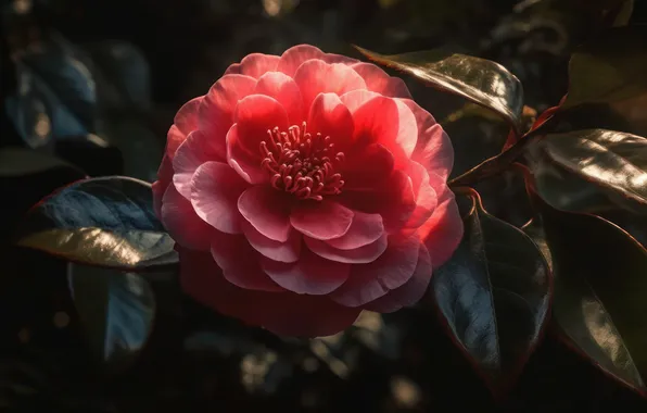 Flower, leaves, flowers, pink, Camellia, Camellia, AI art, neural network