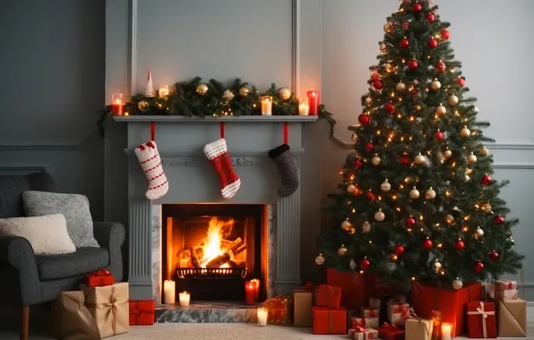 Room, tree, interior, Christmas, New year, fireplace, Christmas, view