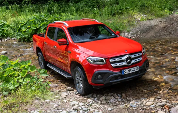 Grass, water, red, stones, Mercedes-Benz, stream, pickup, 2018