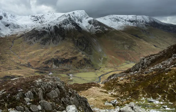 Road, river, rocks, snow, valley, Mountains