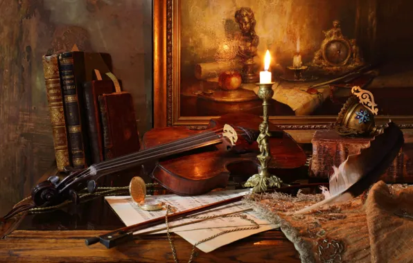 Notes, pen, violin, watch, books, picture, still life, Cup