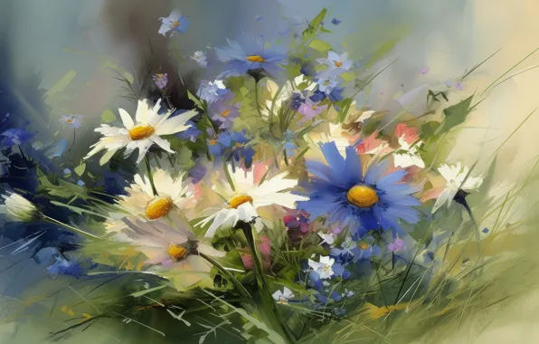 Flowers, chamomile, bouquet, picture, painting, field, imitation painting, AI art