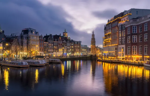 Picture river, building, tower, home, Amsterdam, channel, Netherlands, night city