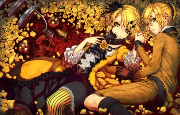 Girl, butterfly, flowers, skull, male, Art, Vocaloid, Kagamine Rin