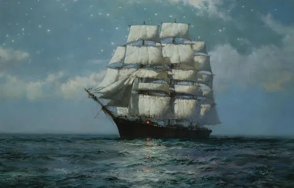 Sea, sailboat, stars, calm, Montague Dawson, starry sky, clipper, Clipper Ship