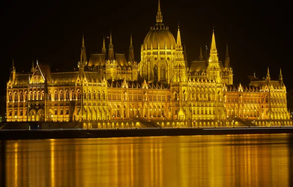 Night, lights, river, Parliament, Hungary, Budapest, The Danube