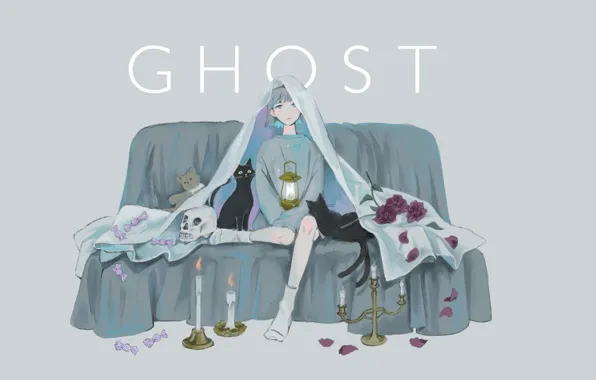 Skull, candles, lantern, on the couch, the witch, blue hair, two tails, black cat