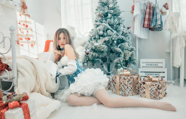 Look, girl, pose, room, wall, feet, clothing, bed