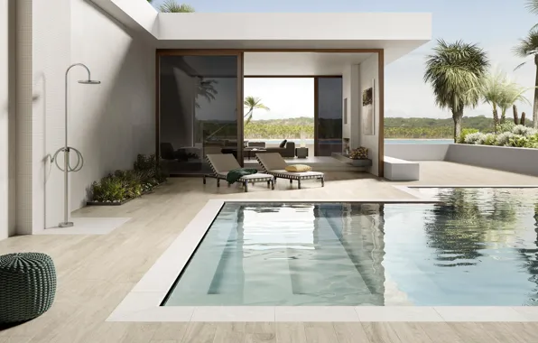 Villa, interior, pool, shower, fireplace, terrace, living room, generated swimming pool