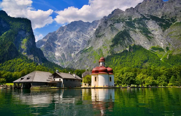 Landscape, mountains, nature, lake, Germany, pier, Bayern, Cathedral