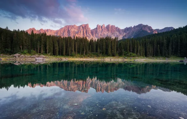 Trees, sunset, mountains, lake, reflection, Italy, The Dolomites, Carezza