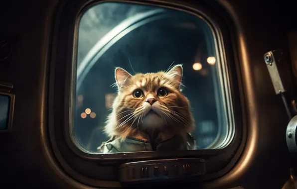 Cat, cat, look, pose, glare, astronaut, window, red