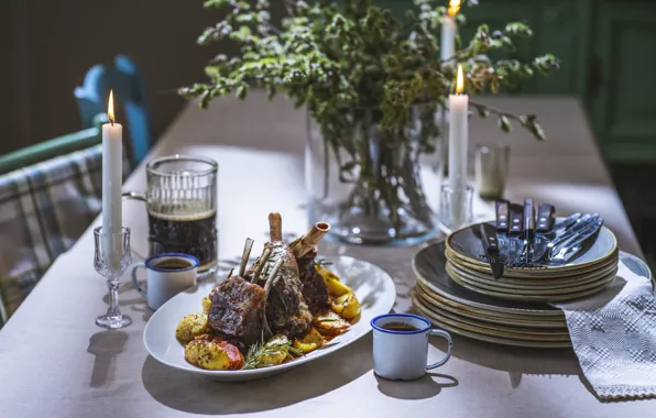 Glass, light, branches, glass, table, food, bouquet, spring