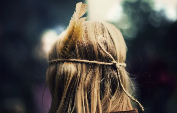 Girl, background, pen, mood, hair, feathers, blonde, full screen