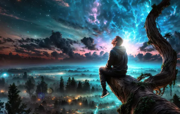 Clouds, dreams, night, the city, lights, tree, stay, relax