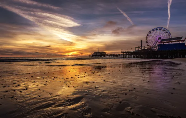 Picture shore, CA, glow, Ferris wheel, USA, Santa Monica