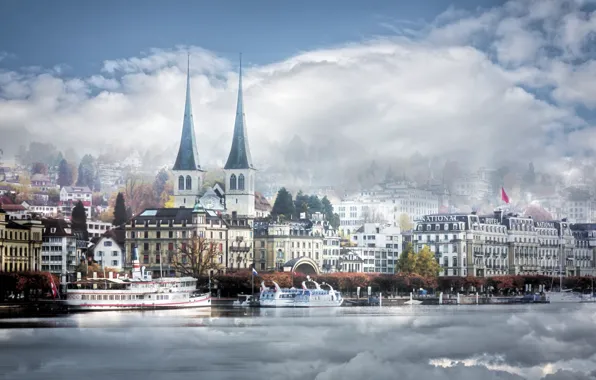 The sky, lake, reflection, ship, home, Switzerland