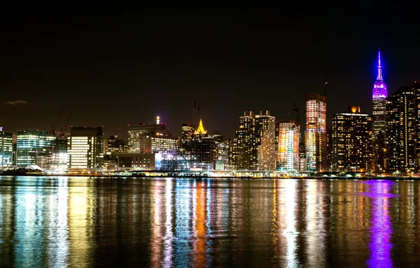 Picture night, lights, coast, home, New York, Bay, USA, night city