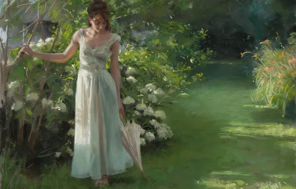 Picture girl, grass, dress, umbrella, art, flowers, garden, painting