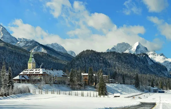 Winter, snow, trees, mountains, Germany, Bayern, KRUN, castle ELMAU