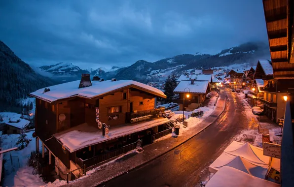 Winter, mountains, lights, France, Chatel