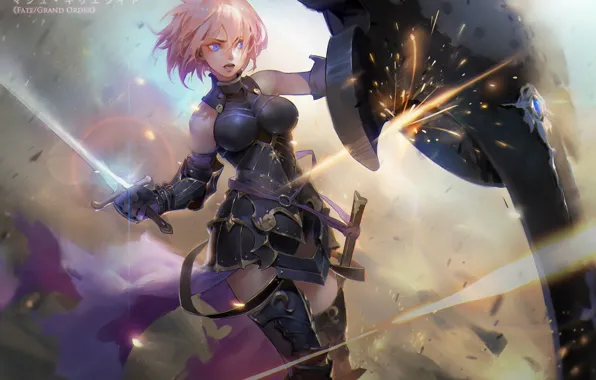 Girl, weapons, sword, shield, anime, art, fate grand order