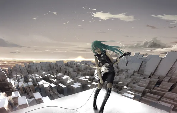Roof, girl, the city, music, guitar, art, wire, vocaloid