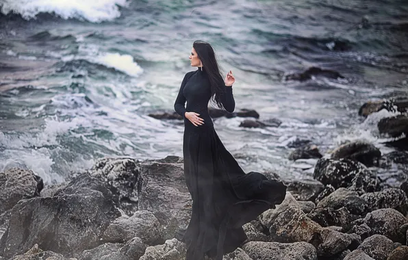 Picture sea, wave, girl, stones, profile, black dress