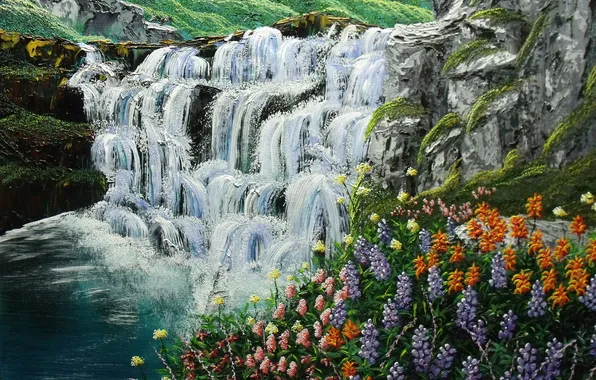 Water, flowers, nature, waterfall, painting