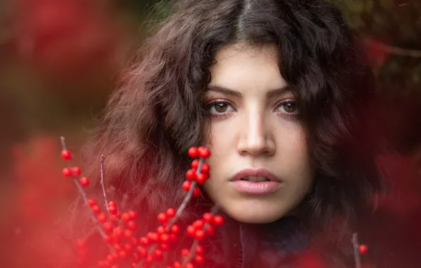 Look, girl, face, berries, portrait, bokeh