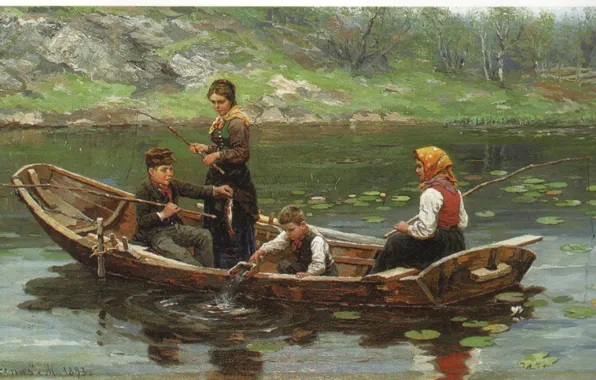 Children, lake, boat, fishing, EKENAES