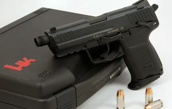 Gun, pistol, weapon, ammunition, heckler &amp; koch inc, threaded silencer, hk45c, briefcase for pistol