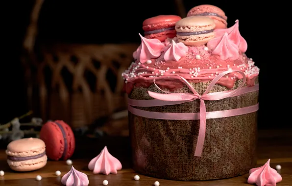 The dark background, pink, holiday, spring, cookies, Easter, basket, bow
