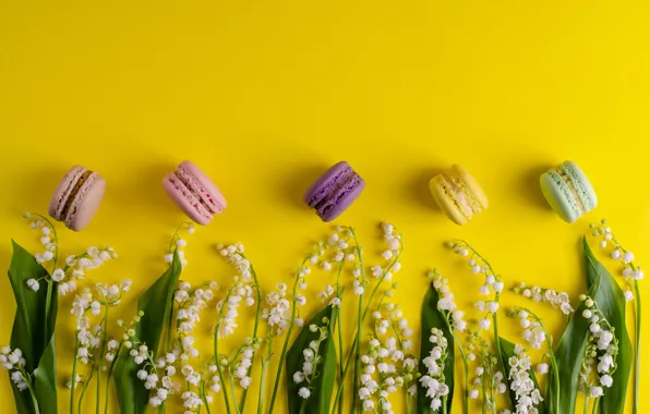 Yellow, background, cookies, lilies of the valley, almond