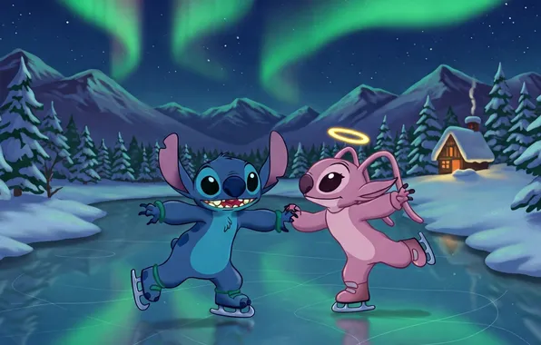 Mountains, night, alien, house, character, alien, character, Stitch