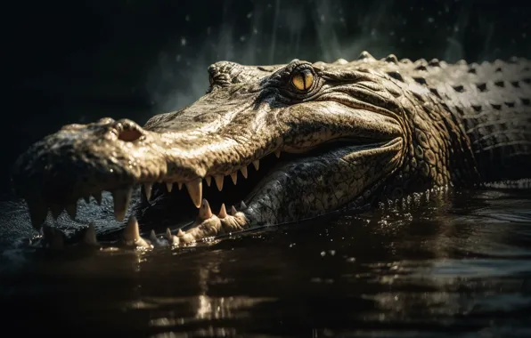 Crocodile, pond, digital art, AI art, neural network, the art of artificial intelligence