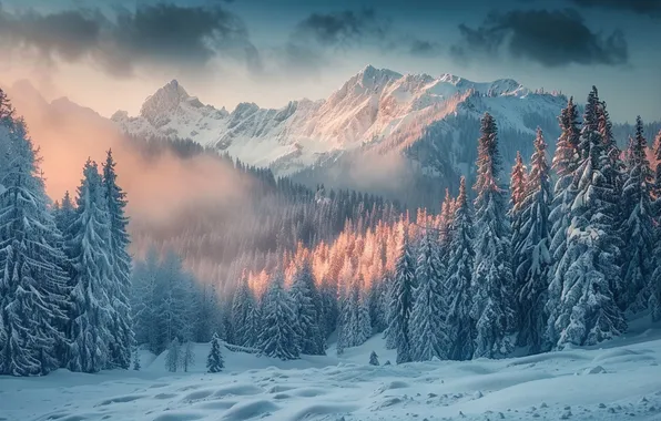 Winter, frost, forest, the sky, clouds, light, snow, mountains