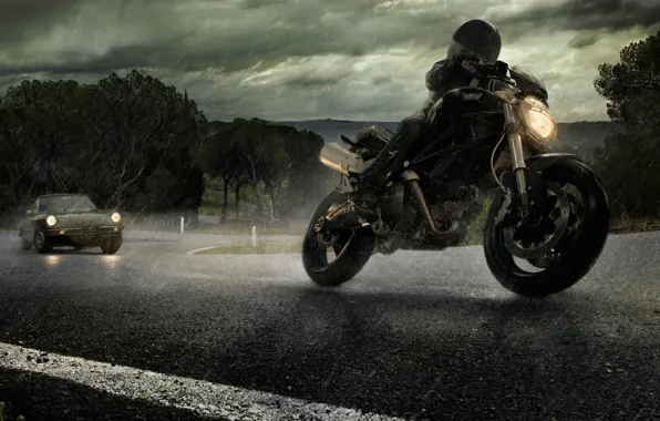 Road, rain, motorcycle, car, alfa romeo, ducati