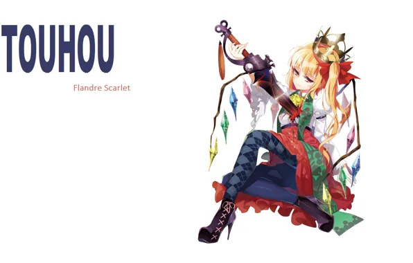Blood, wings, crown, white background, crystals, wound, touhou, art