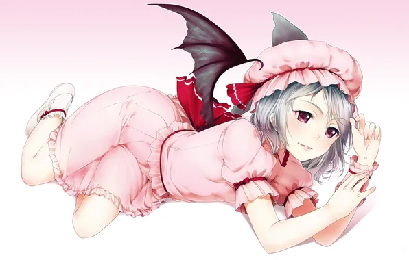 Picture girl, pose, smile, wings, the demon, touhou, remilia scarlet, art