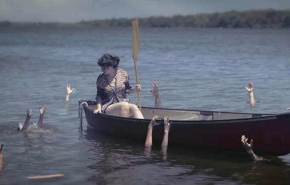 Girl, lake, boat, hands