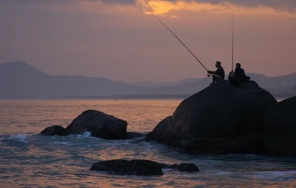 Picture sea, landscape, sunset, mood, stay, China, fishermen, journey